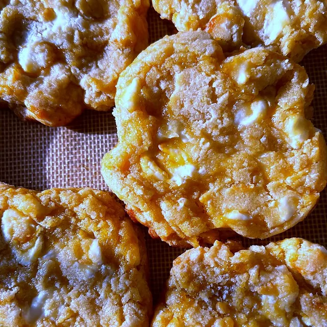 White Choc Passion Fruit cookies with passion fruit jam.