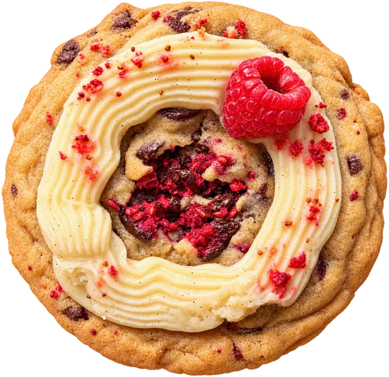 Raspberry Noir — chocolate chip cookie with vanilla cream ring and fresh raspberry.